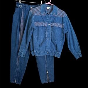 Vintage 80s Pacific Express 2pc Denim Set Pants 11 Jacket Shirt M Plaid Pleated